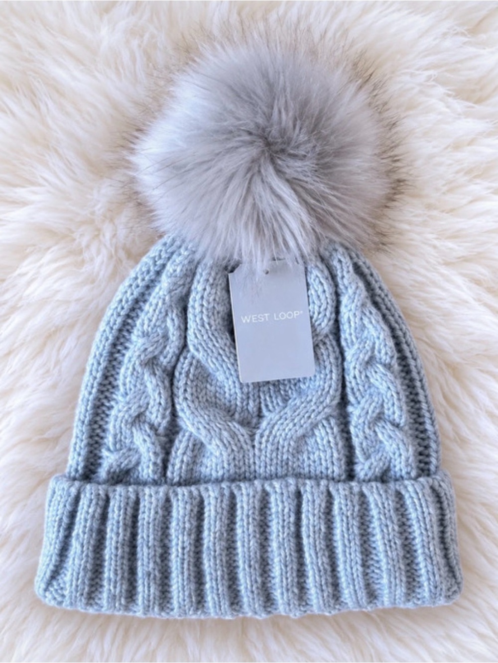 west loop Womens Light Gray Cable Knit Pom Beanie